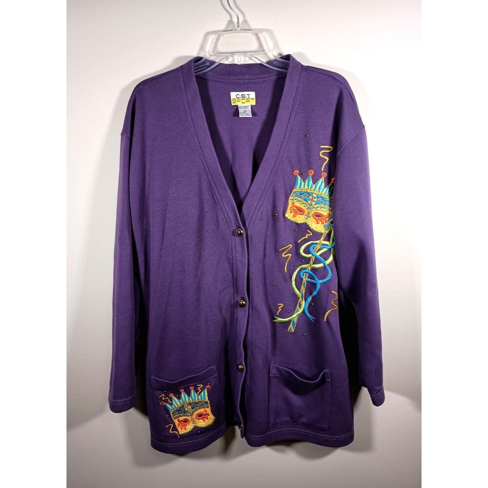 Vintage 80s Mardi Gras Purple Mask Gold Granny Long Sleeve Cardigan Plus Size 2X
